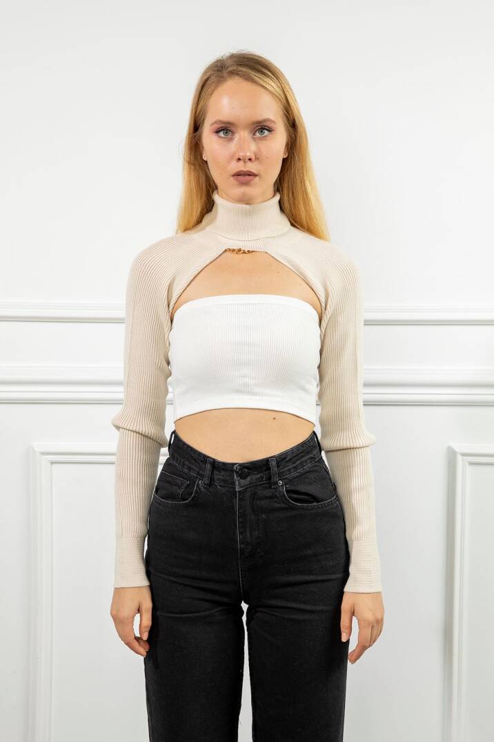 Triko Kumaş Uzun Kollu Boğazlı Yaka Bolero-Ekru - 3