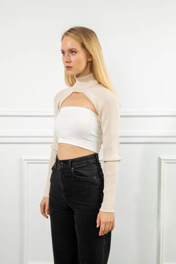 Triko Kumaş Uzun Kollu Boğazlı Yaka Bolero-Ekru - 4