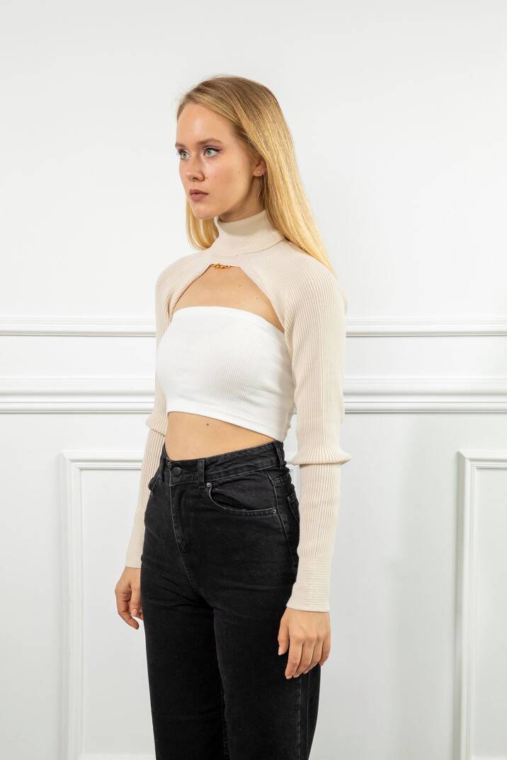 Triko Kumaş Uzun Kollu Boğazlı Yaka Bolero-Ekru - 4