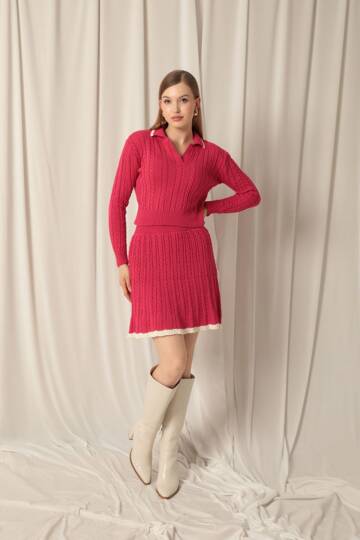 Triko Kumaş Yakalı Saç Örgülü Desen Fuşya Etek Takım - 3