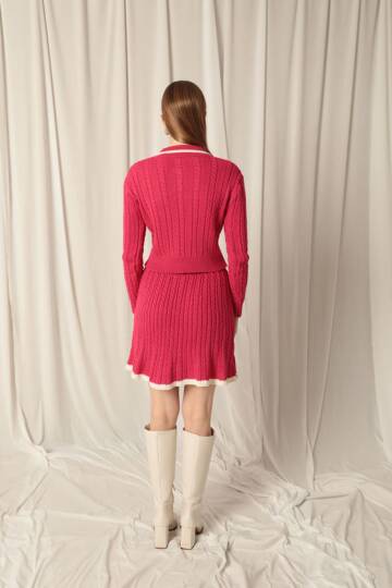 Triko Kumaş Yakalı Saç Örgülü Desen Fuşya Etek Takım - 5