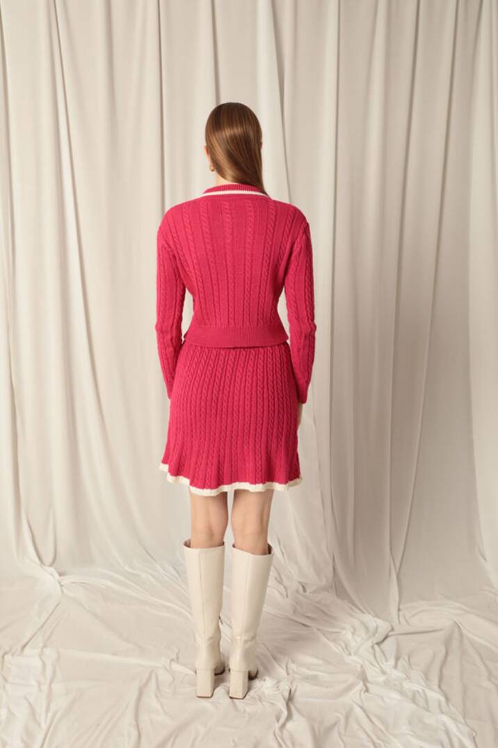 Triko Kumaş Yakalı Saç Örgülü Desen Fuşya Etek Takım - 5