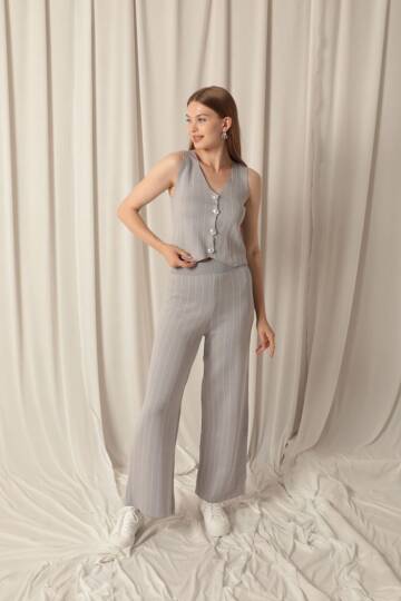 Triko Kumaş Yelekli Gri Kadın Takım - 2