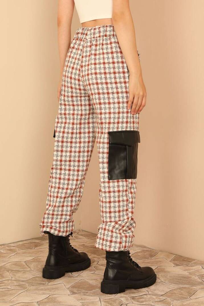 Tüvit Kumaş Uzun Boy Çizgili Kargo Kadın Pantolon-Taba - 2