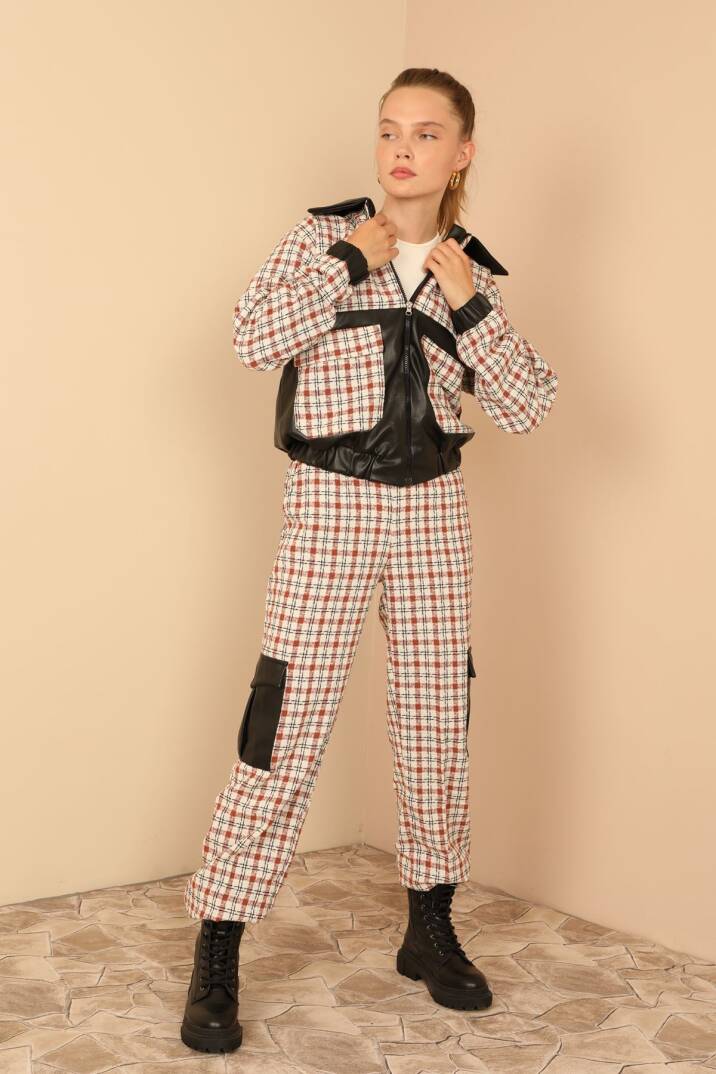 Tüvit Kumaş Uzun Boy Çizgili Kargo Kadın Pantolon-Taba - 3