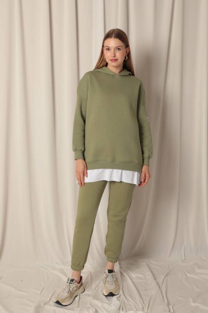 Üç İplik Arma Detay Eteği Garnili Kapüşonlu Kadın Haki Sweat - 2