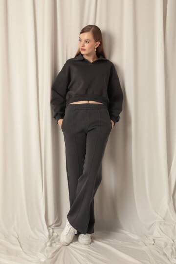 Üç iplik Biyeli Çimalı Yırtmaçlı Bol Paça Kadın Füme Eşofman - 2