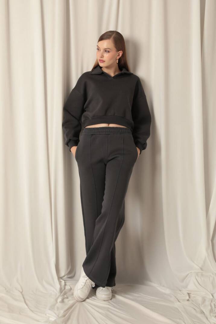 Üç iplik Biyeli Çimalı Yırtmaçlı Bol Paça Kadın Füme Eşofman - 2