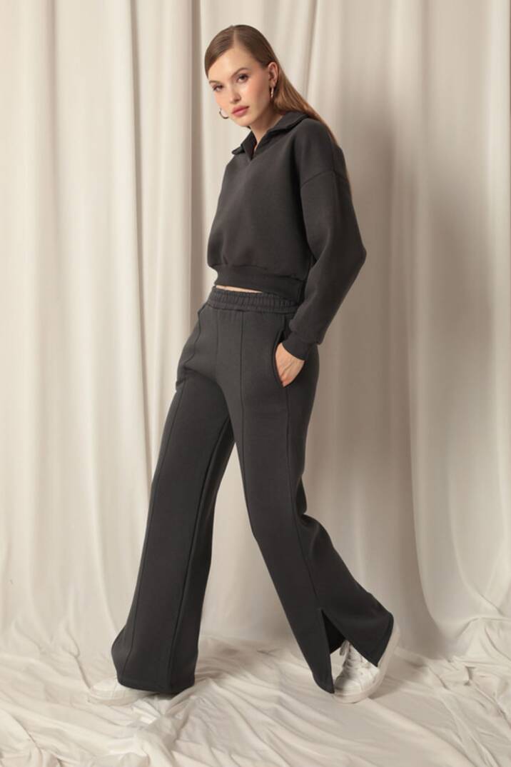 Üç iplik Biyeli Çimalı Yırtmaçlı Bol Paça Kadın Füme Eşofman - 3