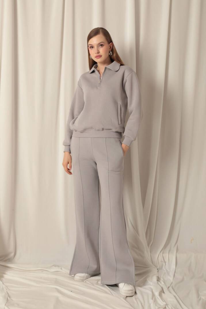 Üç İplik Biyeli Çimalı Yırtmaçlı Bol Paça Kadın Koyu Gri Eşofman - 2