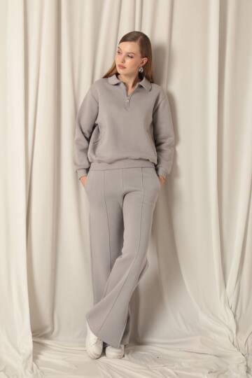 Üç İplik Biyeli Çimalı Yırtmaçlı Bol Paça Kadın Koyu Gri Eşofman - 3