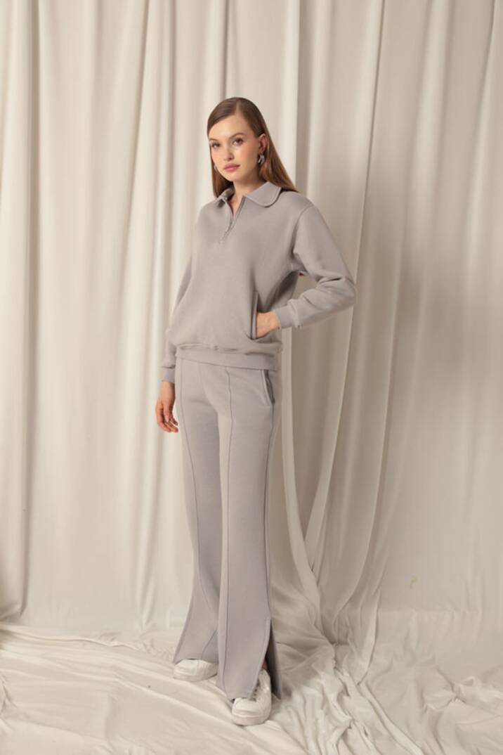 Üç İplik Biyeli Çimalı Yırtmaçlı Bol Paça Kadın Koyu Gri Eşofman - 4