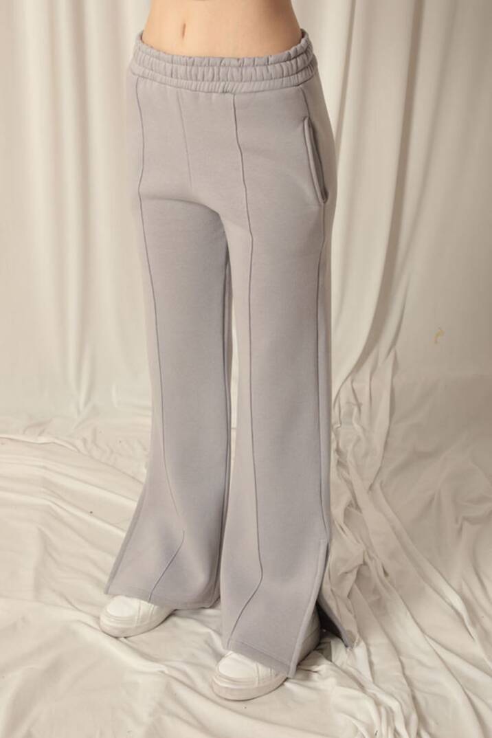 Üç İplik Biyeli Çimalı Yırtmaçlı Bol Paça Kadın Koyu Gri Eşofman - 5