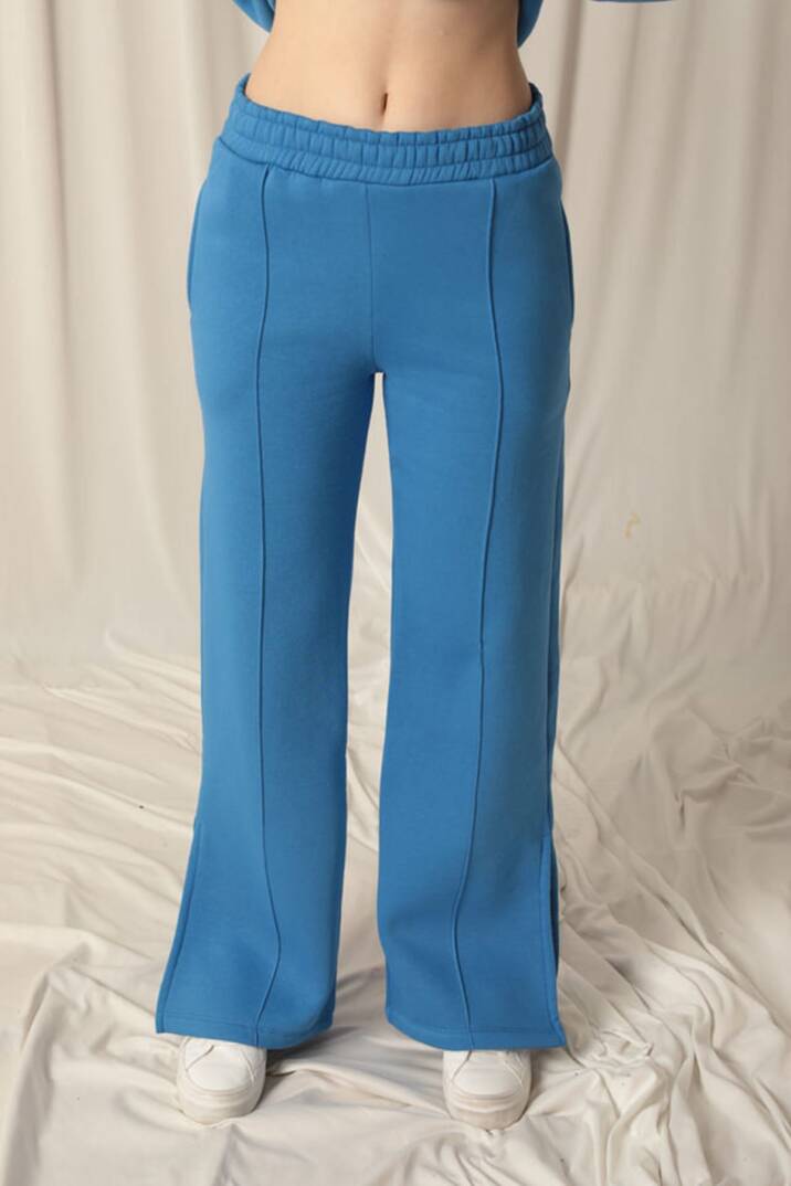 Üç iplik Biyeli Çimalı Yırtmaçlı Bol Paça Kadın Mavi Eşofman - 5