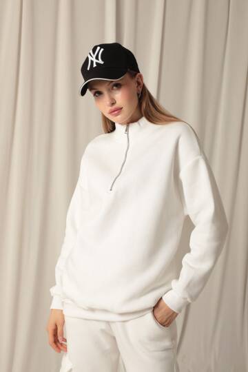 Üç İplik Dik Yaka Yarım Fermuarlı Kadın Ekru Sweat - 3