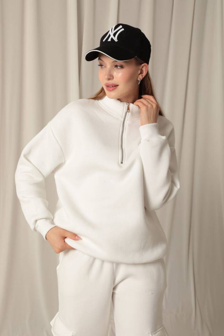 Üç İplik Dik Yaka Yarım Fermuarlı Kadın Ekru Sweat - 4