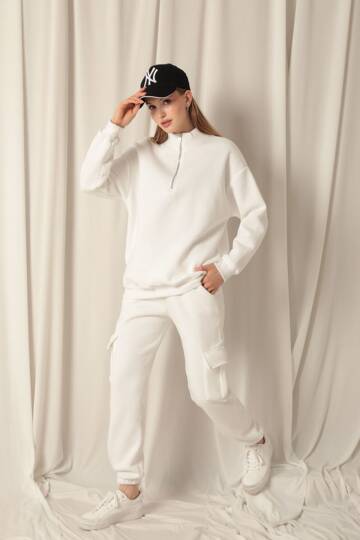 Üç İplik Dik Yaka Yarım Fermuarlı Kadın Ekru Sweat - 5