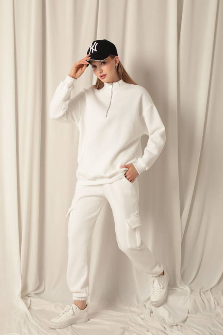 Üç İplik Dik Yaka Yarım Fermuarlı Kadın Ekru Sweat - 5