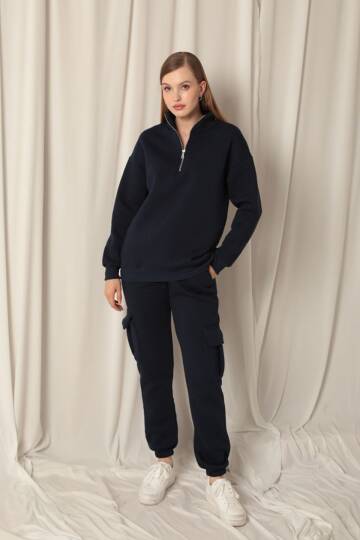 Üç İplik Dik Yaka Yarım Fermuarlı Kadın Lacivert Sweat - 2