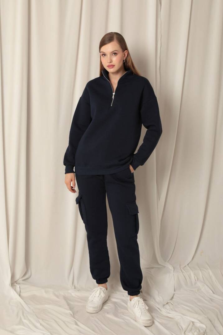 Üç İplik Dik Yaka Yarım Fermuarlı Kadın Lacivert Sweat - 2