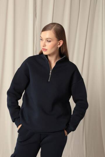 Üç İplik Dik Yaka Yarım Fermuarlı Kadın Lacivert Sweat - 3