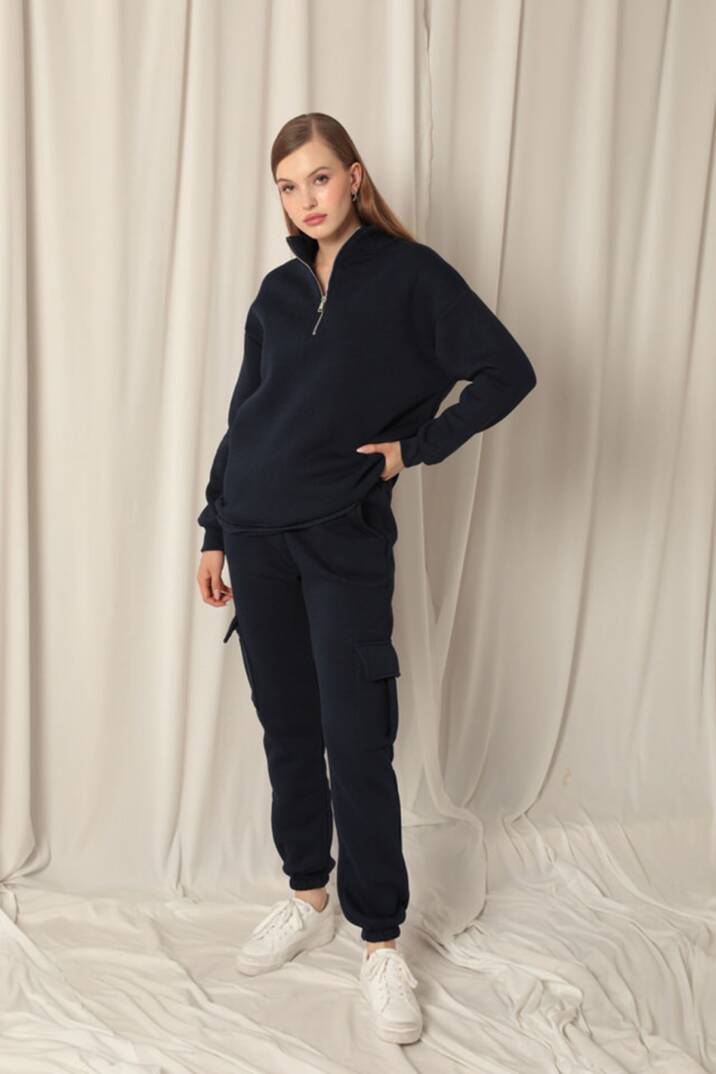 Üç İplik Dik Yaka Yarım Fermuarlı Kadın Lacivert Sweat - 4