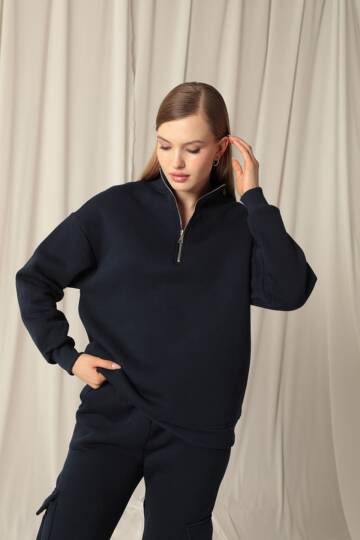 Üç İplik Dik Yaka Yarım Fermuarlı Kadın Lacivert Sweat - 5