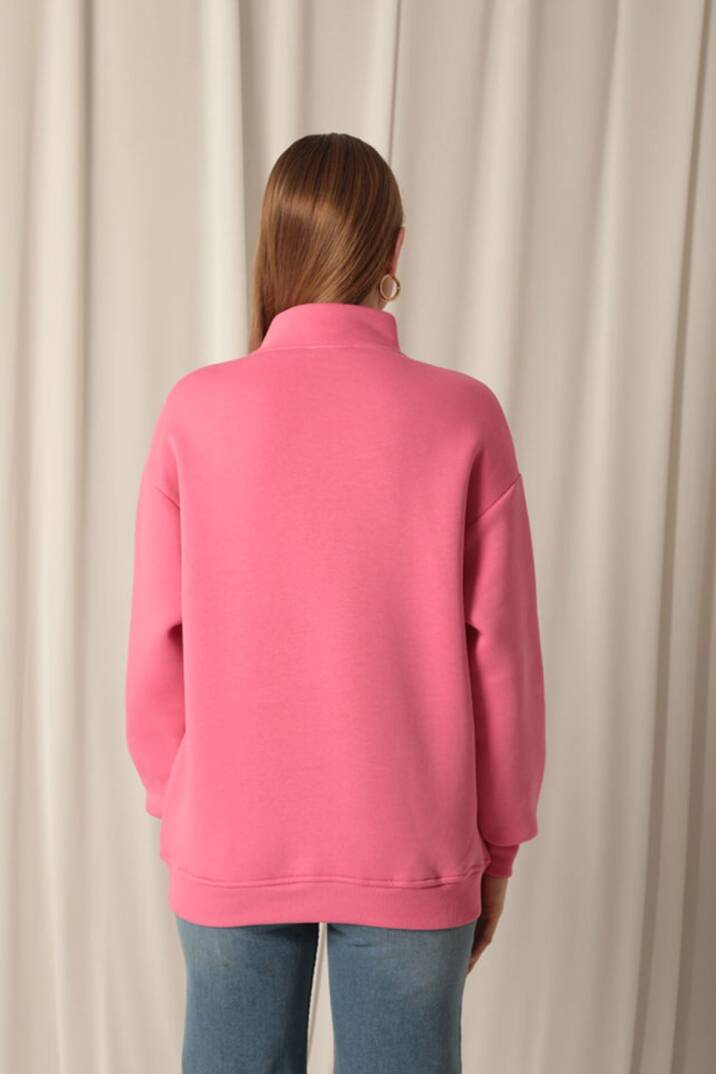 Üç İplik Dik Yaka Yarım Fermuarlı Kadın Pembe Sweat - 5