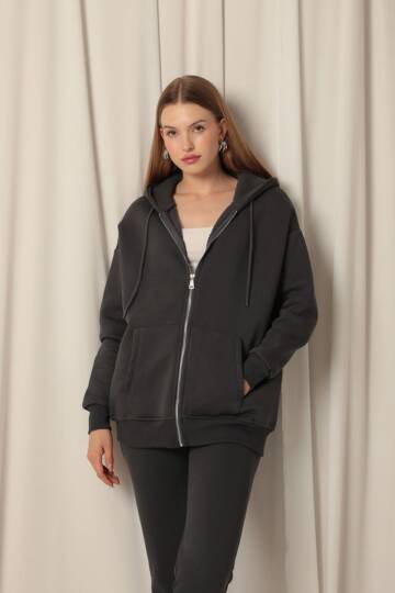 Üç İplik Kanguru Cep Kadın Fermuarlı Kapüşonlu Sweat-Antrasit - 2