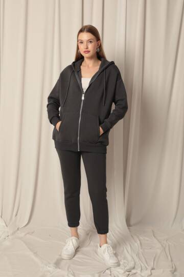 Üç İplik Kanguru Cep Kadın Fermuarlı Kapüşonlu Sweat-Antrasit - 3