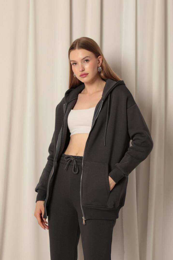 Üç İplik Kanguru Cep Kadın Fermuarlı Kapüşonlu Sweat-Antrasit - 4