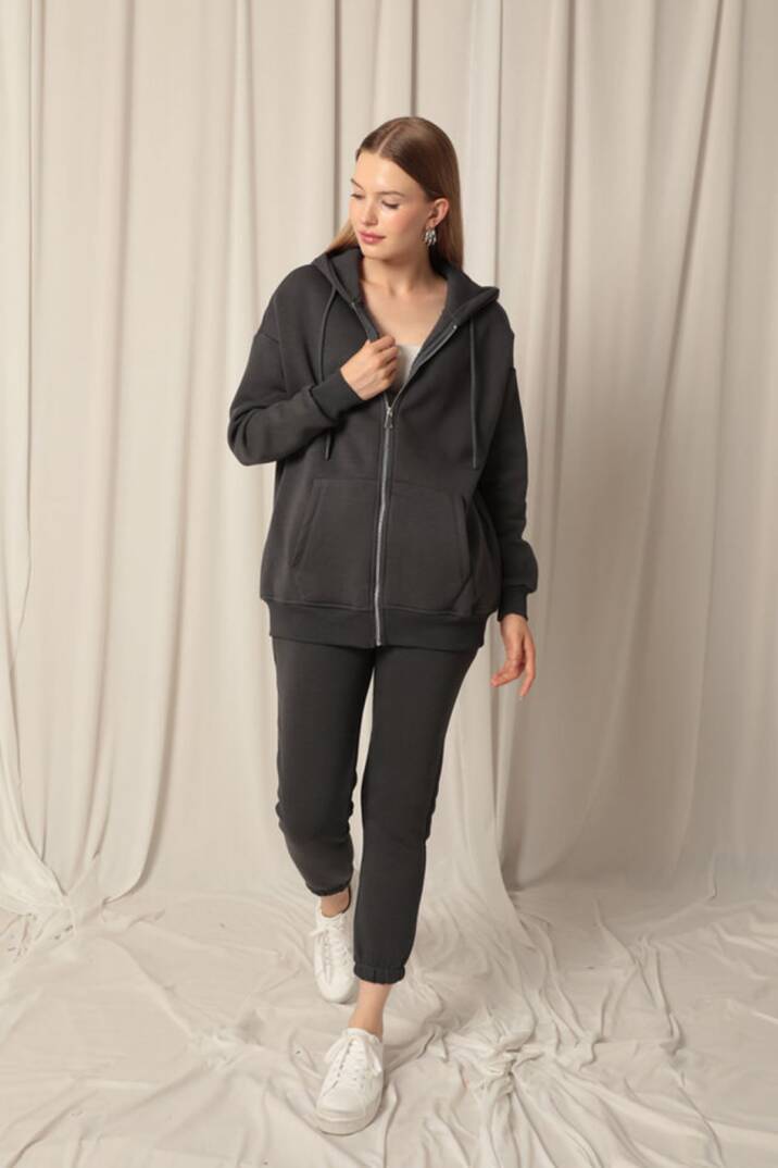 Üç İplik Kanguru Cep Kadın Fermuarlı Kapüşonlu Sweat-Antrasit - 5