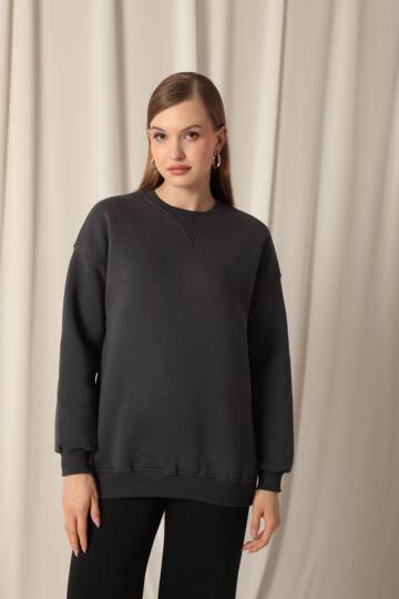 Üç İplik Karyokalı Sıfır Yaka Kadın Antrasit Sweat - 2