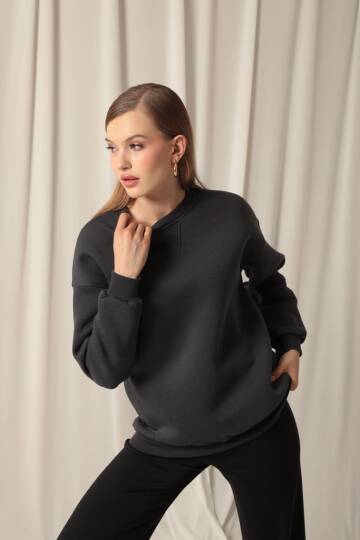 Üç İplik Karyokalı Sıfır Yaka Kadın Antrasit Sweat - 3