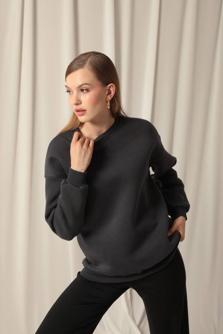 Üç İplik Karyokalı Sıfır Yaka Kadın Antrasit Sweat - 3