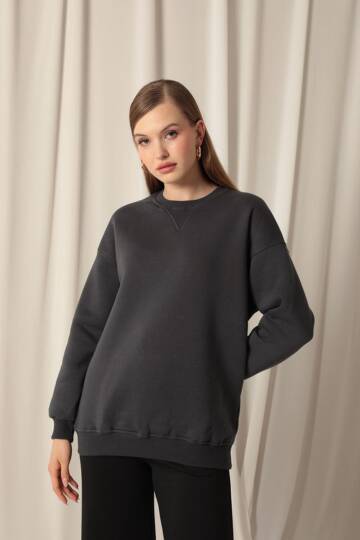 Üç İplik Karyokalı Sıfır Yaka Kadın Antrasit Sweat - 5