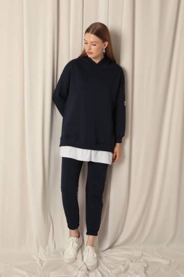 Üç İplik Kumaş Kapüşonlu Kadın Lacivert Sweat - 2