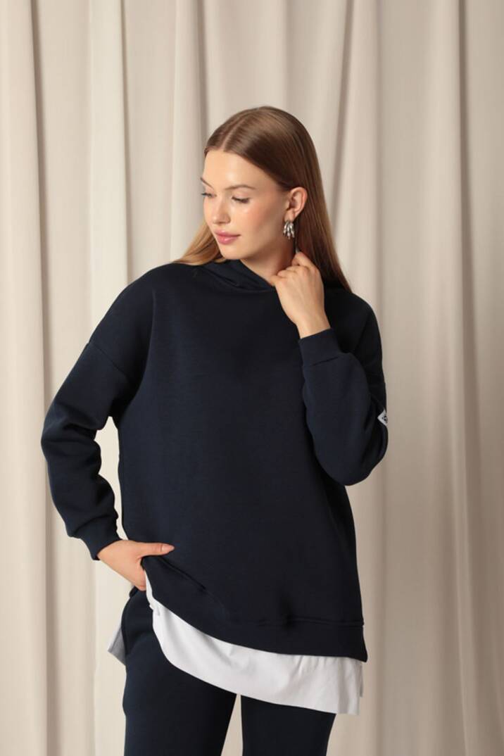 Üç İplik Kumaş Kapüşonlu Kadın Lacivert Sweat - 3