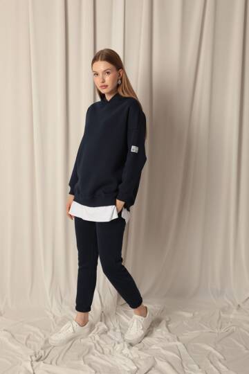 Üç İplik Kumaş Kapüşonlu Kadın Lacivert Sweat - 4