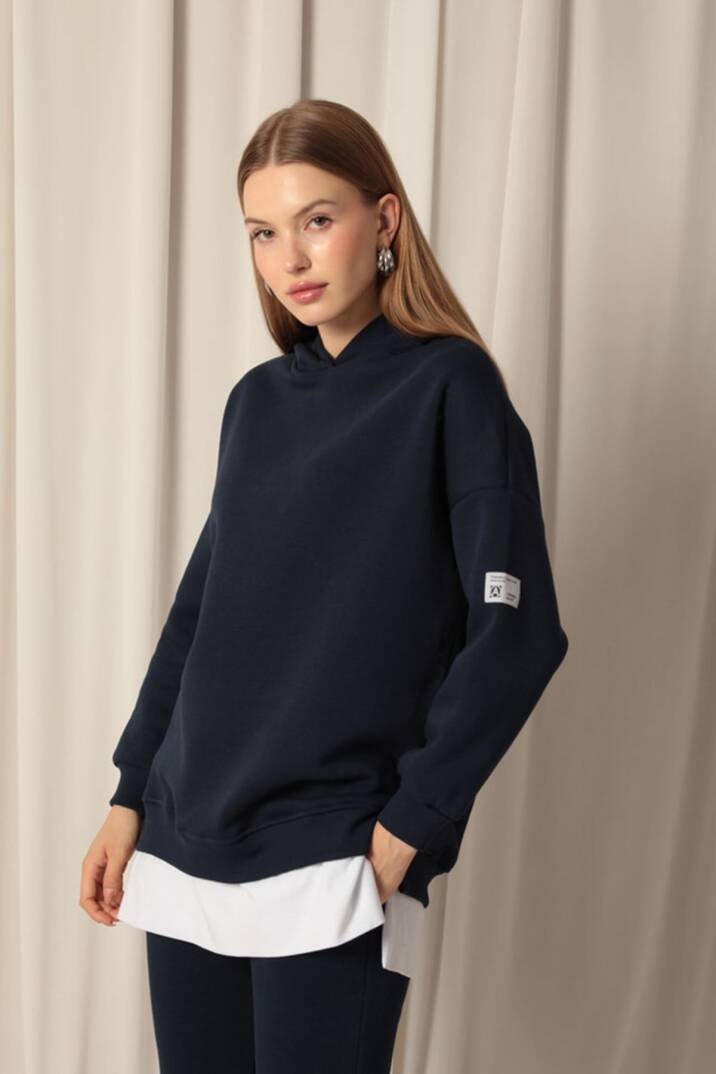 Üç İplik Kumaş Kapüşonlu Kadın Lacivert Sweat - 5