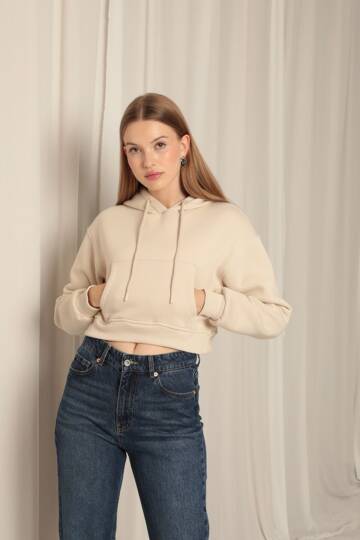 Üç İplik Kumaş Kapüşonlu Kısa Kadın Bej Sweat - 3