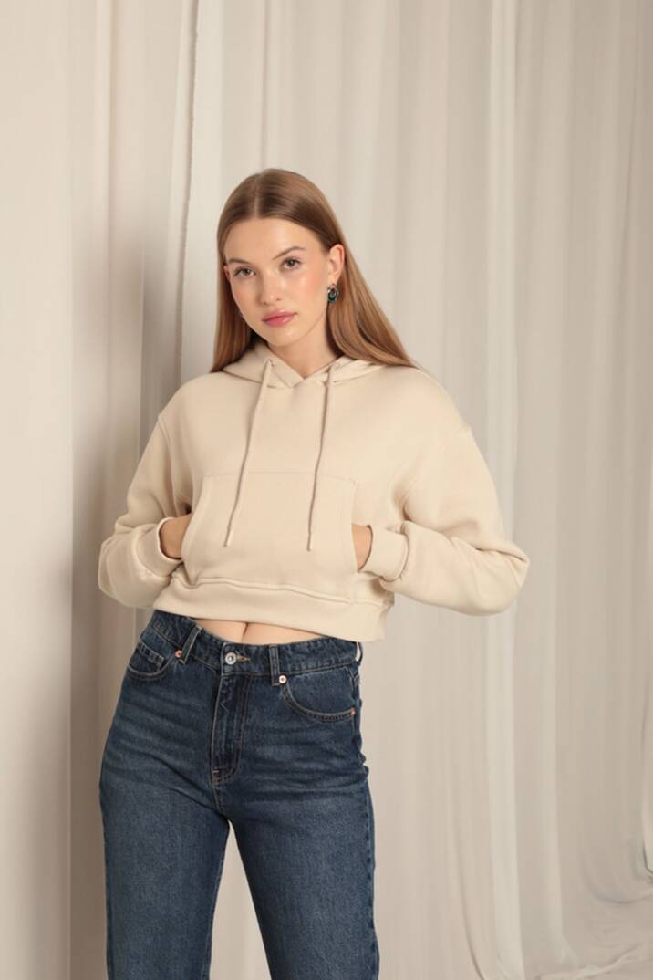 Üç İplik Kumaş Kapüşonlu Kısa Kadın Bej Sweat - 3