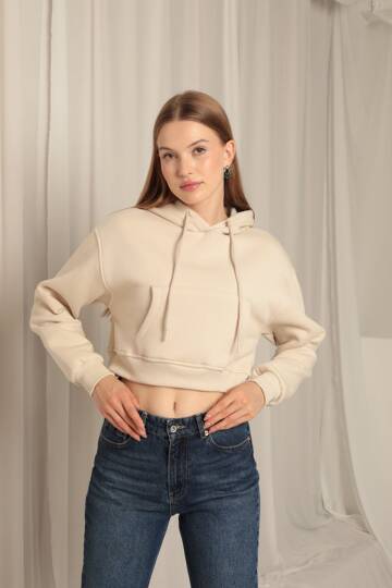 Üç İplik Kumaş Kapüşonlu Kısa Kadın Bej Sweat - 4