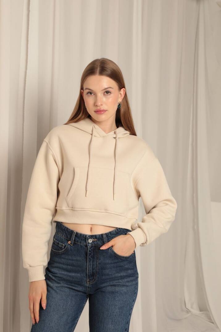 Üç İplik Kumaş Kapüşonlu Kısa Kadın Bej Sweat - 5