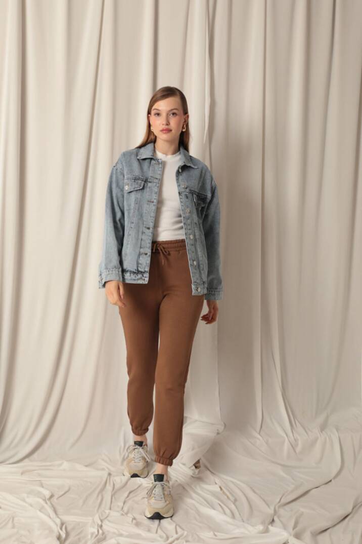 Üç İplik Kumaş Paçası Beli Lastikli Kadın Kahve Eşofman Altı - 2