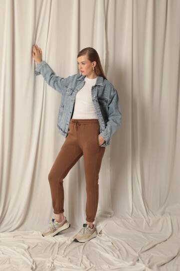 Üç İplik Kumaş Paçası Beli Lastikli Kadın Kahve Eşofman Altı - 3