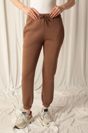 Üç İplik Kumaş Paçası Beli Lastikli Kadın Kahve Eşofman Altı - 4