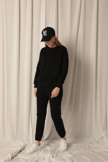 Üç İplik Kumaş Paçası Beli Lastikli Kadın Siyah Eşofman Altı - 2