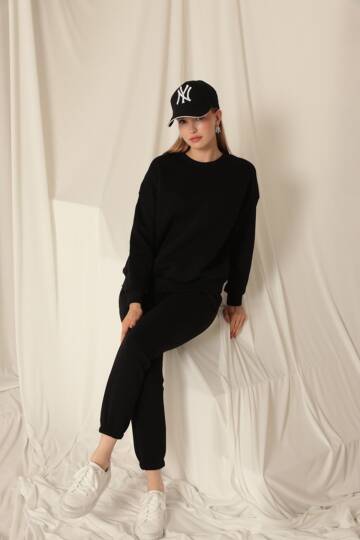 Üç İplik Kumaş Paçası Beli Lastikli Kadın Siyah Eşofman Altı - 3