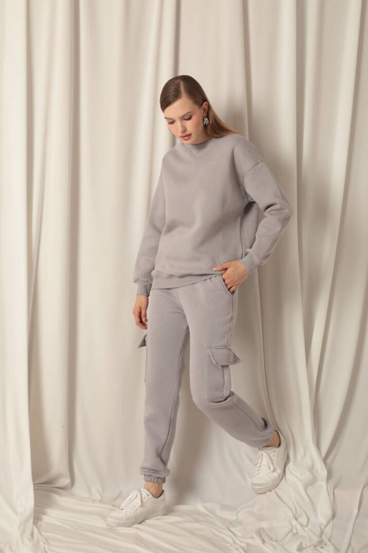 Üç İplik Lastikli Kadın Koyu Gri Eşofman - 1